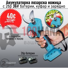 Акумулаторна лозарска ножица Kraftroyal 36V 8Ah с 2бр батерии, зарядно и куфар + подарък точило и масло